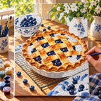`04-blueberries-pie-window-cooling-painting-process.webp` — Painting process scene for the Blueberries Pie Window Cooling kit, with the complete numbered canvas and painting tools.