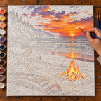 Complete Bonfire Beach Autumn Equinox Paint by Numbers Kit numbered canvas being painted with acrylic paints and brushes.