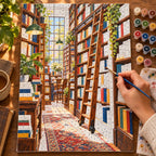 `04-bookshop-ladder-narrow-aisle-painting-process.webp` — Painting process scene for the Bookshop Ladder Narrow Aisle kit, with the complete numbered canvas and painting tools.