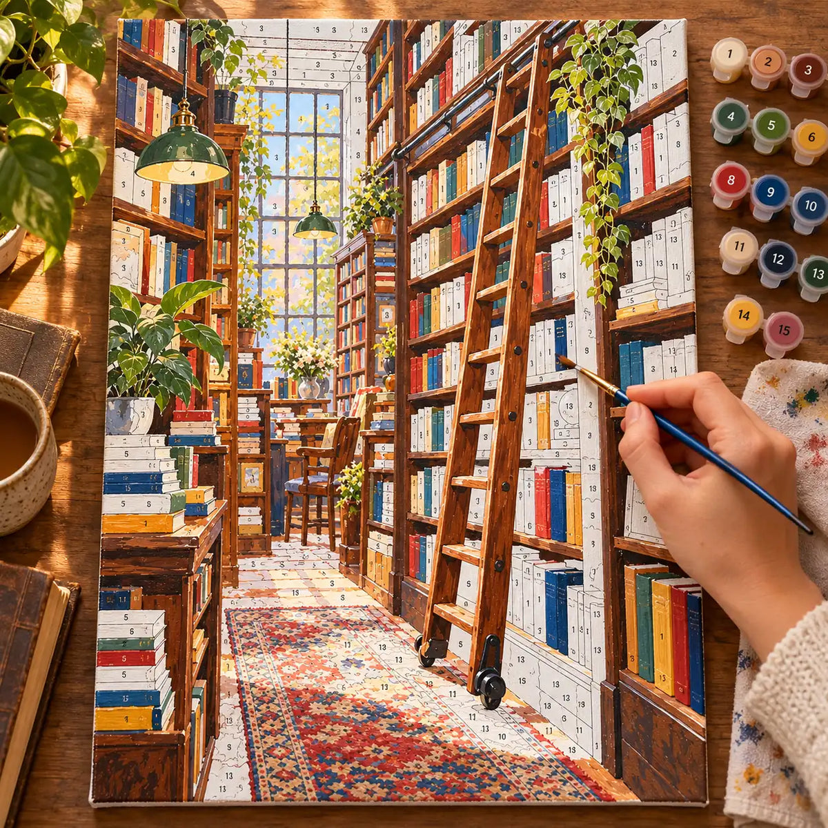 `04-bookshop-ladder-narrow-aisle-painting-process.webp` — Painting process scene for the Bookshop Ladder Narrow Aisle kit, with the complete numbered canvas and painting tools.