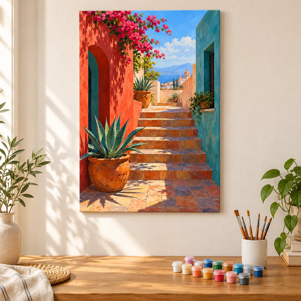 `04-bougainvillea-courtyard-stone-steps-painting-process.webp` — Painting process scene for the bougainvillea courtyard stone steps kit, showing its complete canvas and painting tools.