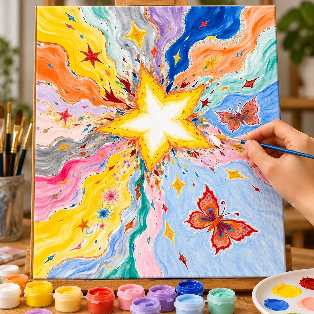Complete Butterfly Starburst numbered canvas being painted with acrylic paints and brushes