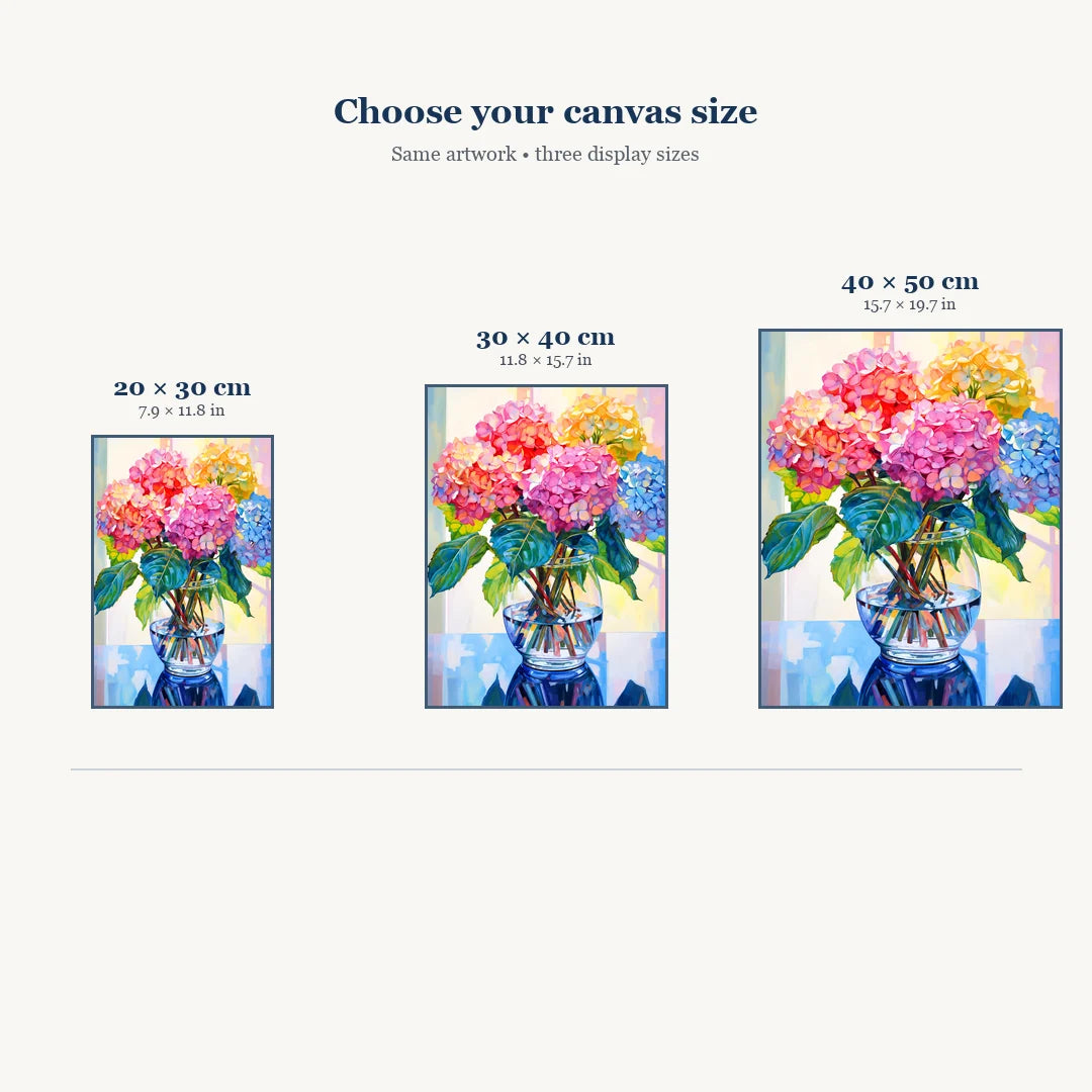 Pastel hydrangea diamond painting size comparison