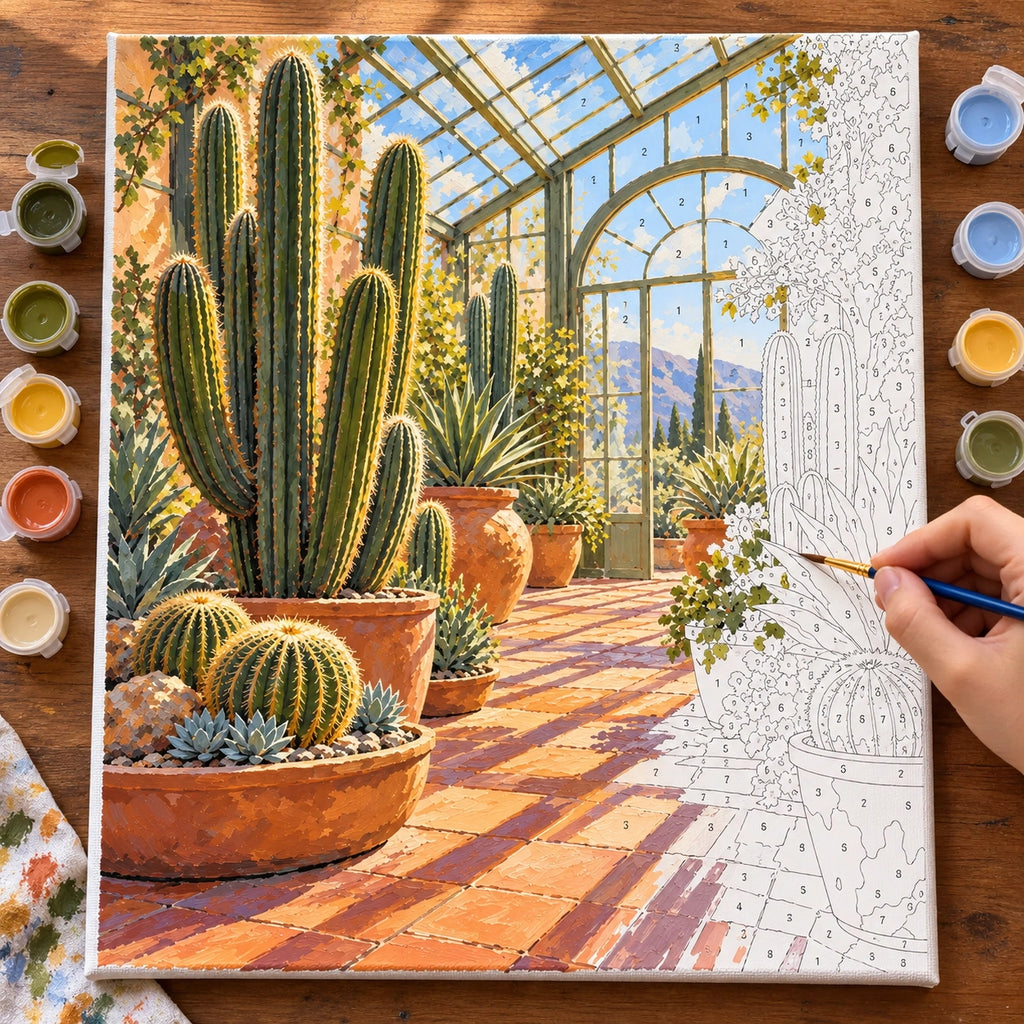 Numbered cactus greenhouse canvas being painted with acrylic colors.