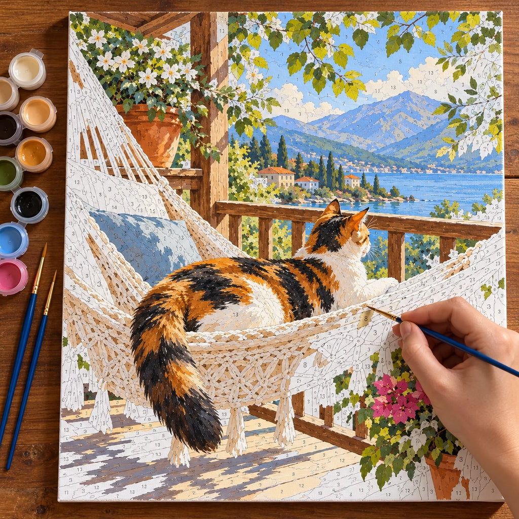 Painting process for Calico Cat Seaside Hammock paint by numbers kit
