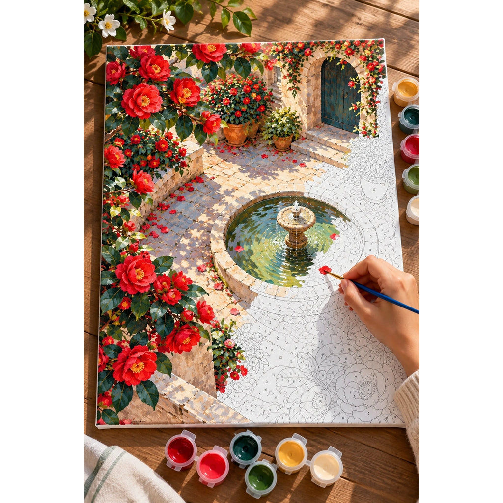 Complete Camellia Courtyard Fountain numbered canvas being painted with acrylic paints and brushes