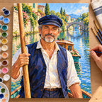 Painting process scene for the Canal Boatman Morning kit, showing its complete numbered canvas and painting tools.