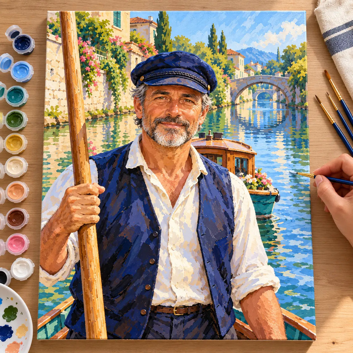 Painting process scene for the Canal Boatman Morning kit, showing its complete numbered canvas and painting tools.