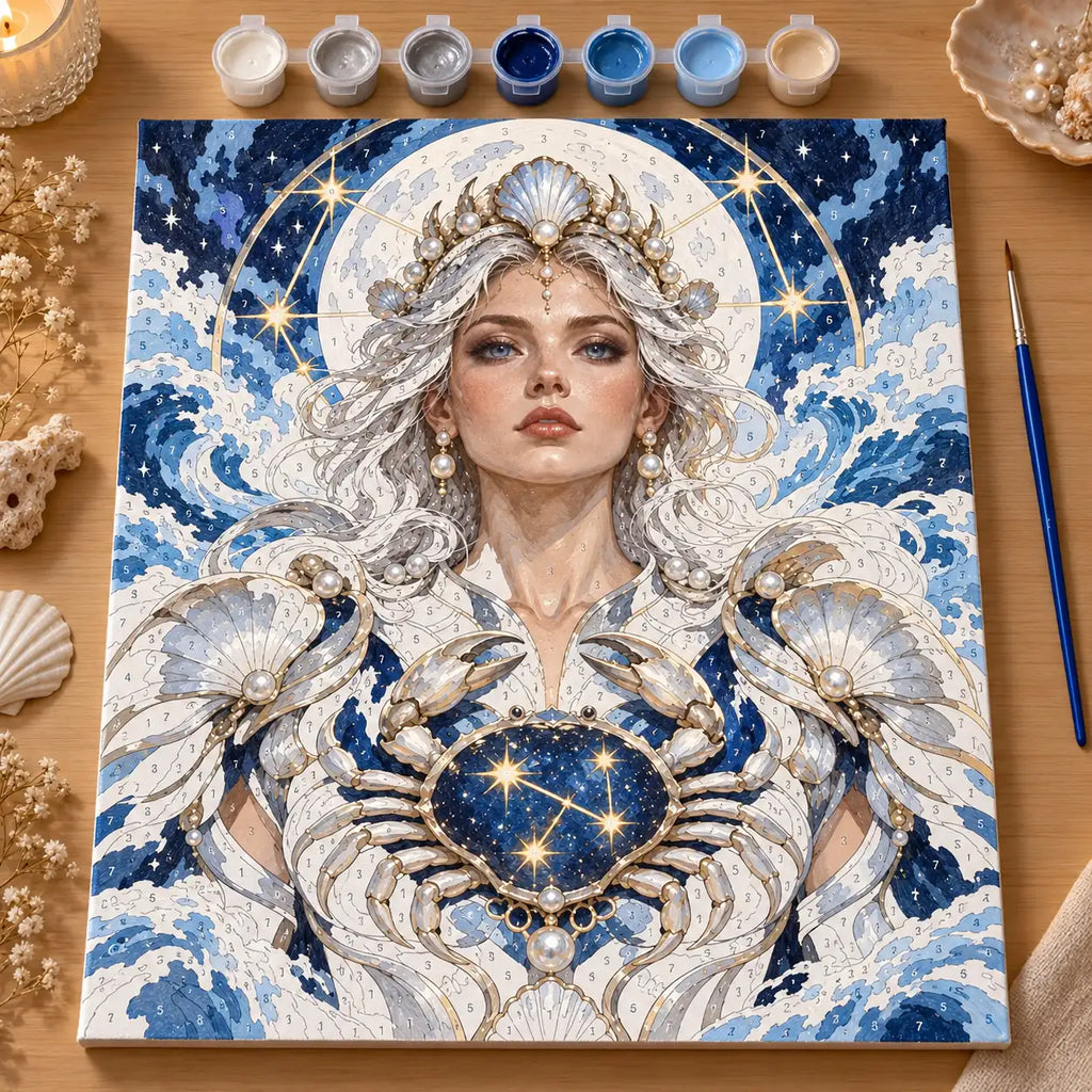 Partially painted Cancer moon goddess paint by numbers canvas with numbered shell armor, moonlit waves, brushes, and paint pots.