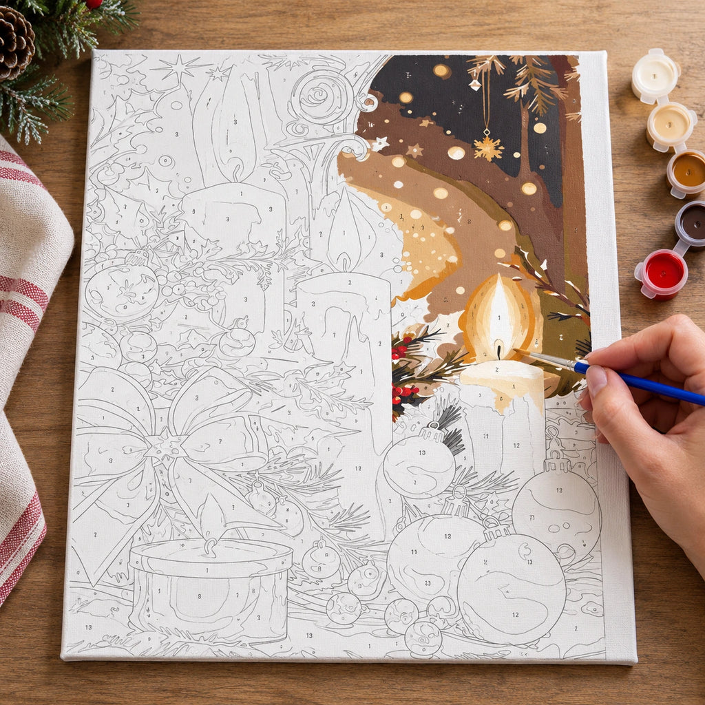 Complete Candlelit Christmas Abundance numbered canvas being painted with acrylic paints and brushes