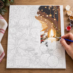 Complete Candlelit Christmas Abundance numbered canvas being painted with acrylic paints and brushes