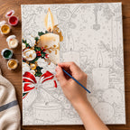 Complete Candlelit Christmas Splendor numbered canvas being painted with acrylic paints and brushes