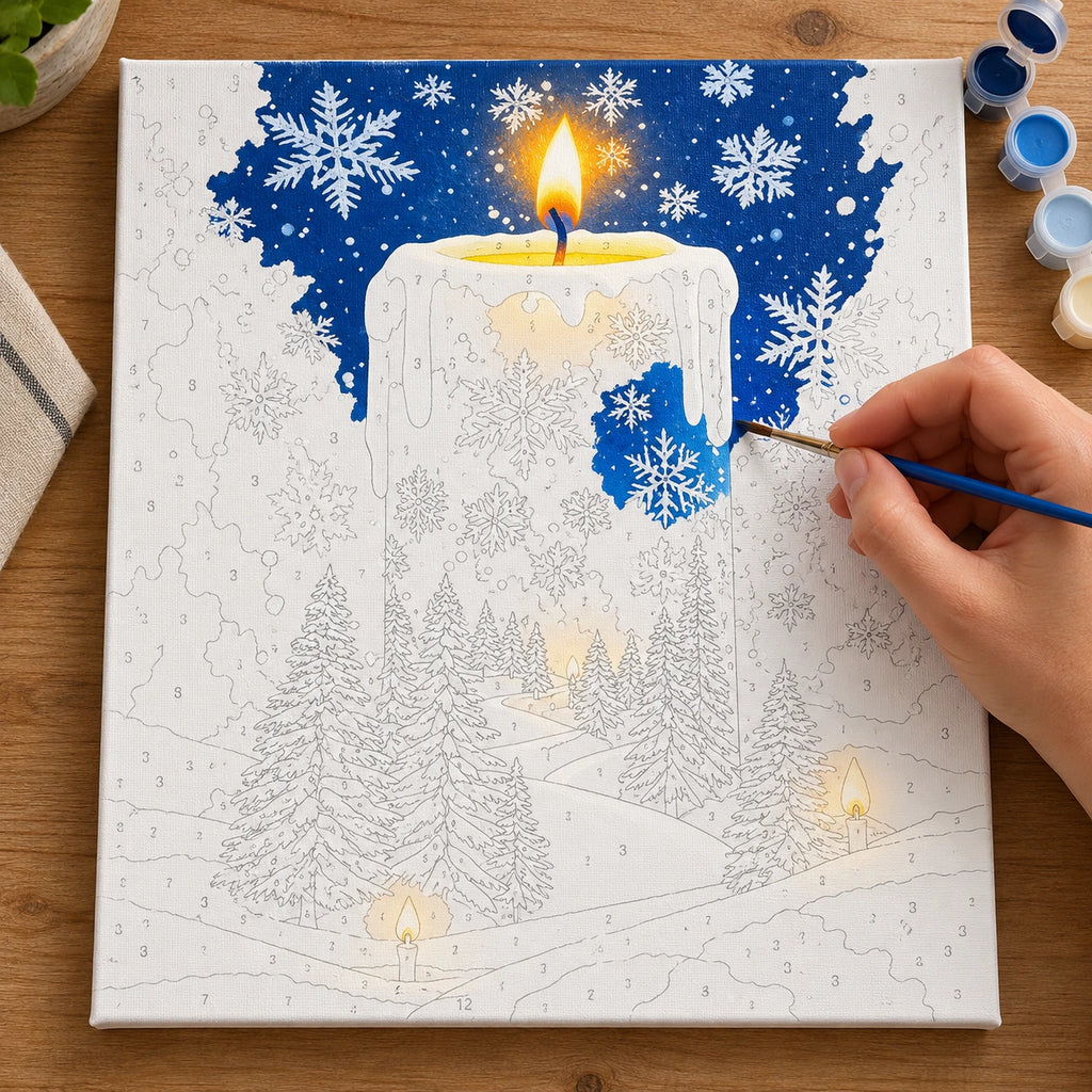 Complete Candlelit Winter Forest numbered canvas being painted with acrylic paints and brushes