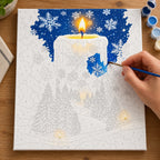 Complete Candlelit Winter Forest numbered canvas being painted with acrylic paints and brushes