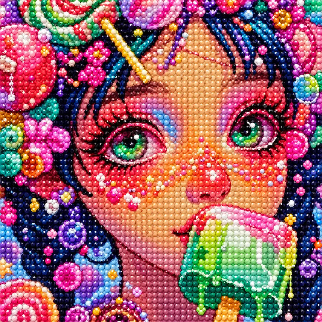 Close-up of sparkling drills in the candy pop girl diamond painting design