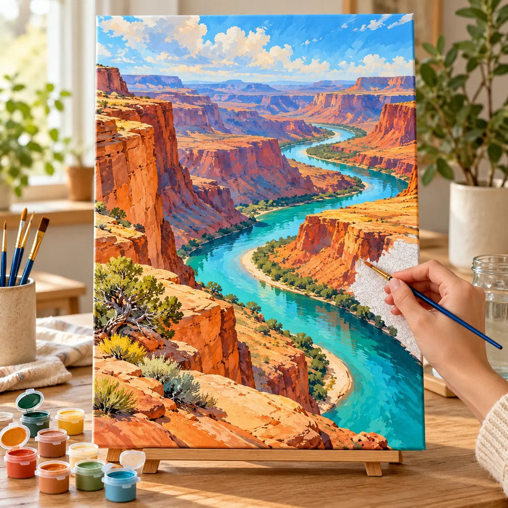 Complete Canyon River Switchback numbered canvas being painted with acrylic paints and brushes