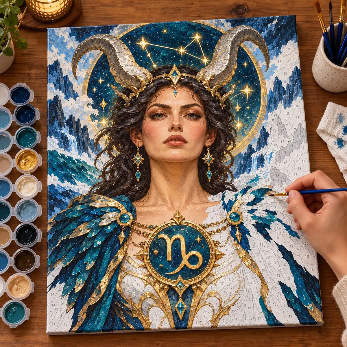 Painting process scene for the Capricorn Horned Woman Zodiac Portrait kit, showing its complete numbered canvas and painting tools.