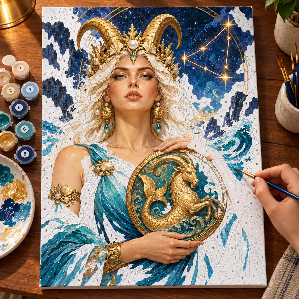 Painting process scene for the Capricorn Woman with Sea-Goat Emblem kit, showing its complete numbered canvas and painting tools.