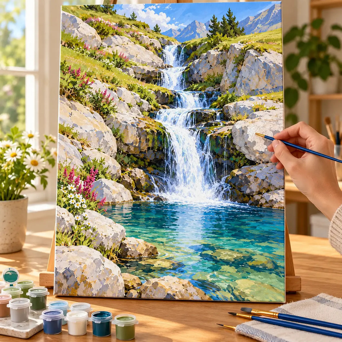 Painting process example for the cascading meadow waterfall paint by numbers design.