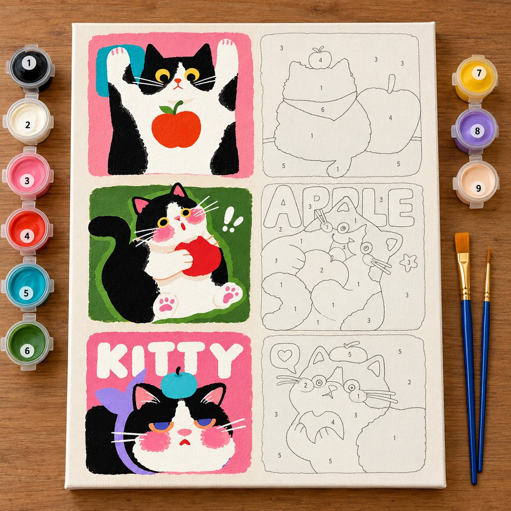 Cat and Apple Pop Art Collage numbered canvas being painted with acrylic paints and brushes