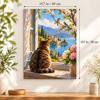 Painting process for Cat Open Window Lake View paint by numbers kit