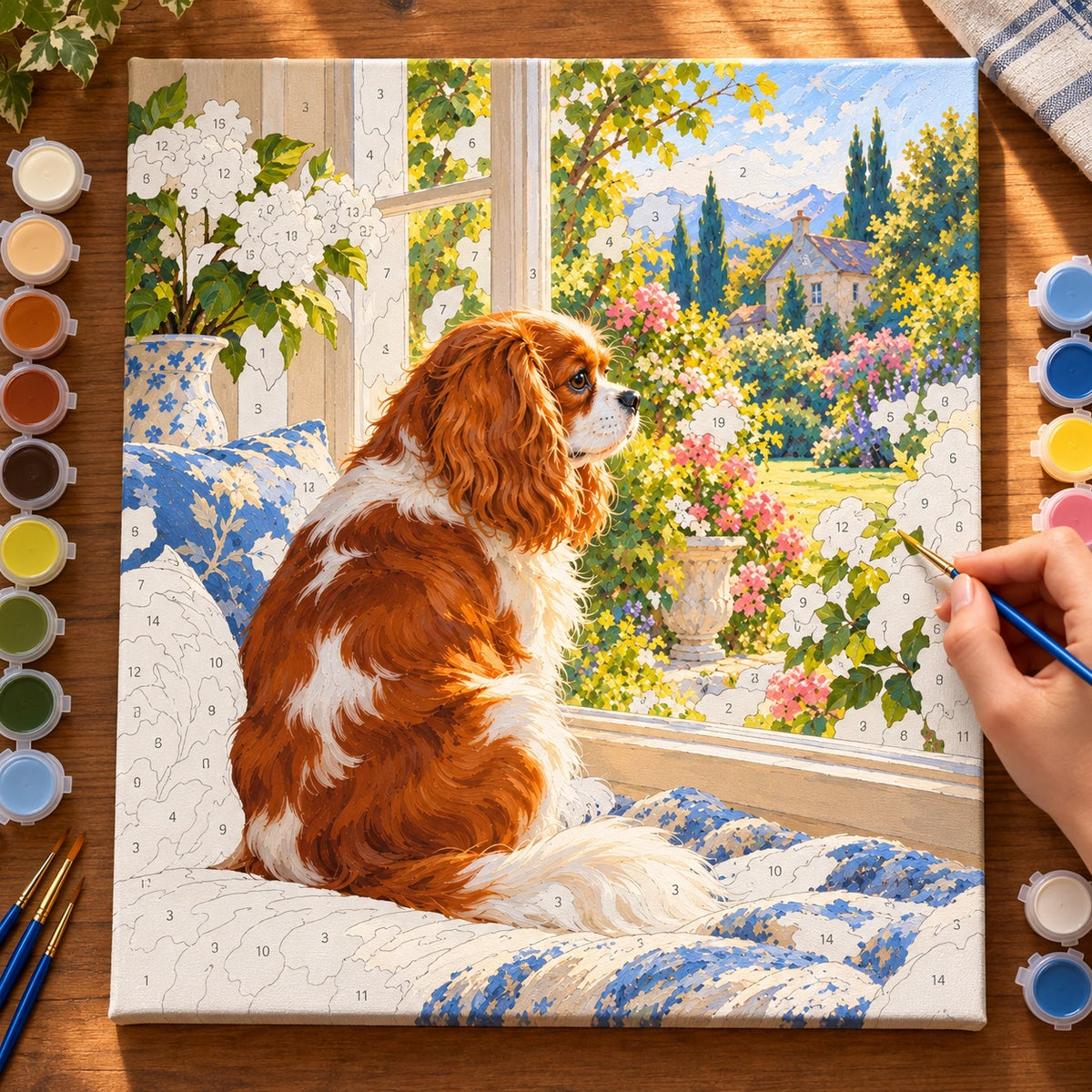 Painting process for Cavalier Window Seat Garden paint by numbers kit