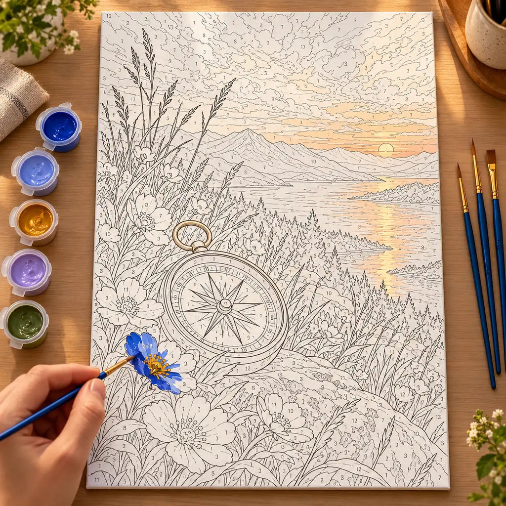 Painting process scene for the Celestial Compass Wildflowers kit, with the complete numbered canvas and painting tools.