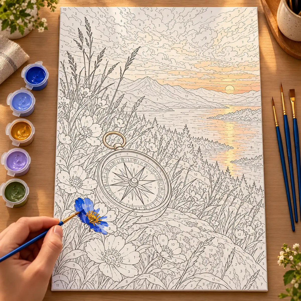 Painting process scene for the Celestial Compass Wildflowers kit, with the complete numbered canvas and painting tools.