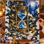Painting process scene for the Celestial Hourglass Fireflies kit, showing its complete numbered canvas and painting tools.