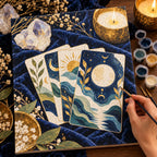 Painting process scene for the Celestial Tarot Card Spread by Candlelight kit, showing its complete numbered canvas and painting tools.