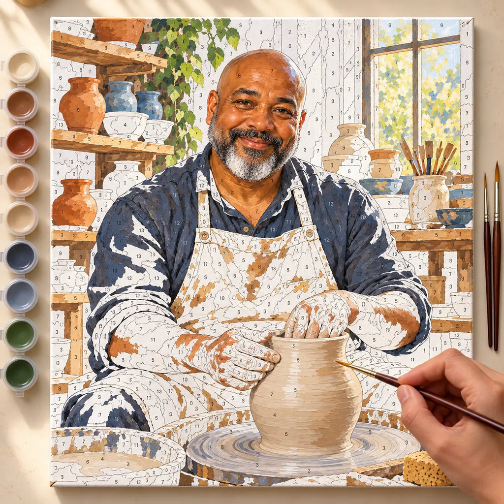 Painting process scene for the Black Ceramic Artist Shaping a Clay Vase kit, showing its complete numbered canvas and painting tools.