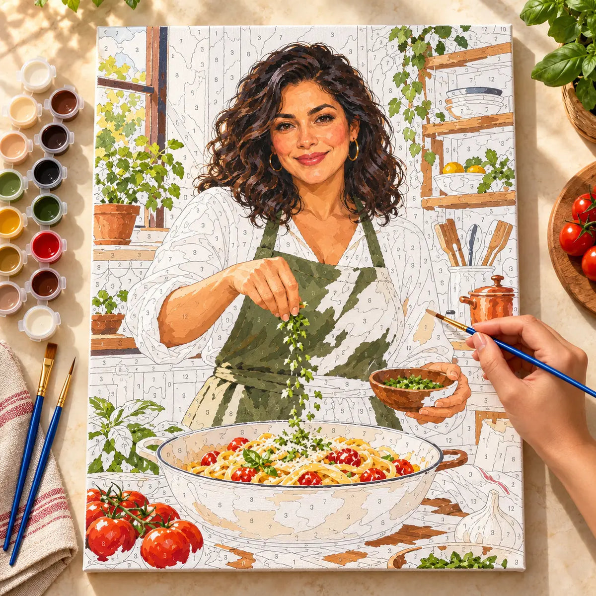 Painting process scene for the Woman Chef Finishing Fresh Pasta kit, showing its complete numbered canvas and painting tools.
