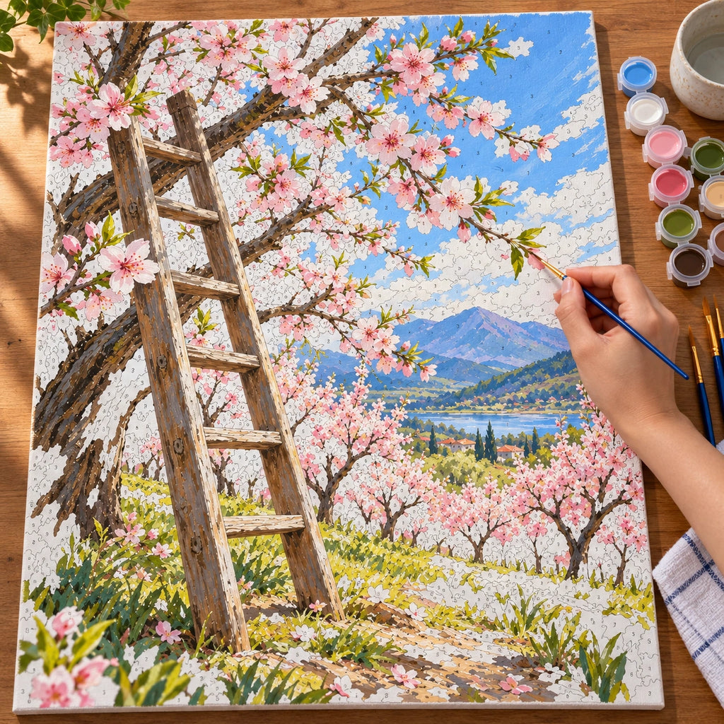 Complete Cherry Blossom Ladder Orchard numbered canvas being painted with acrylic paints and brushes.