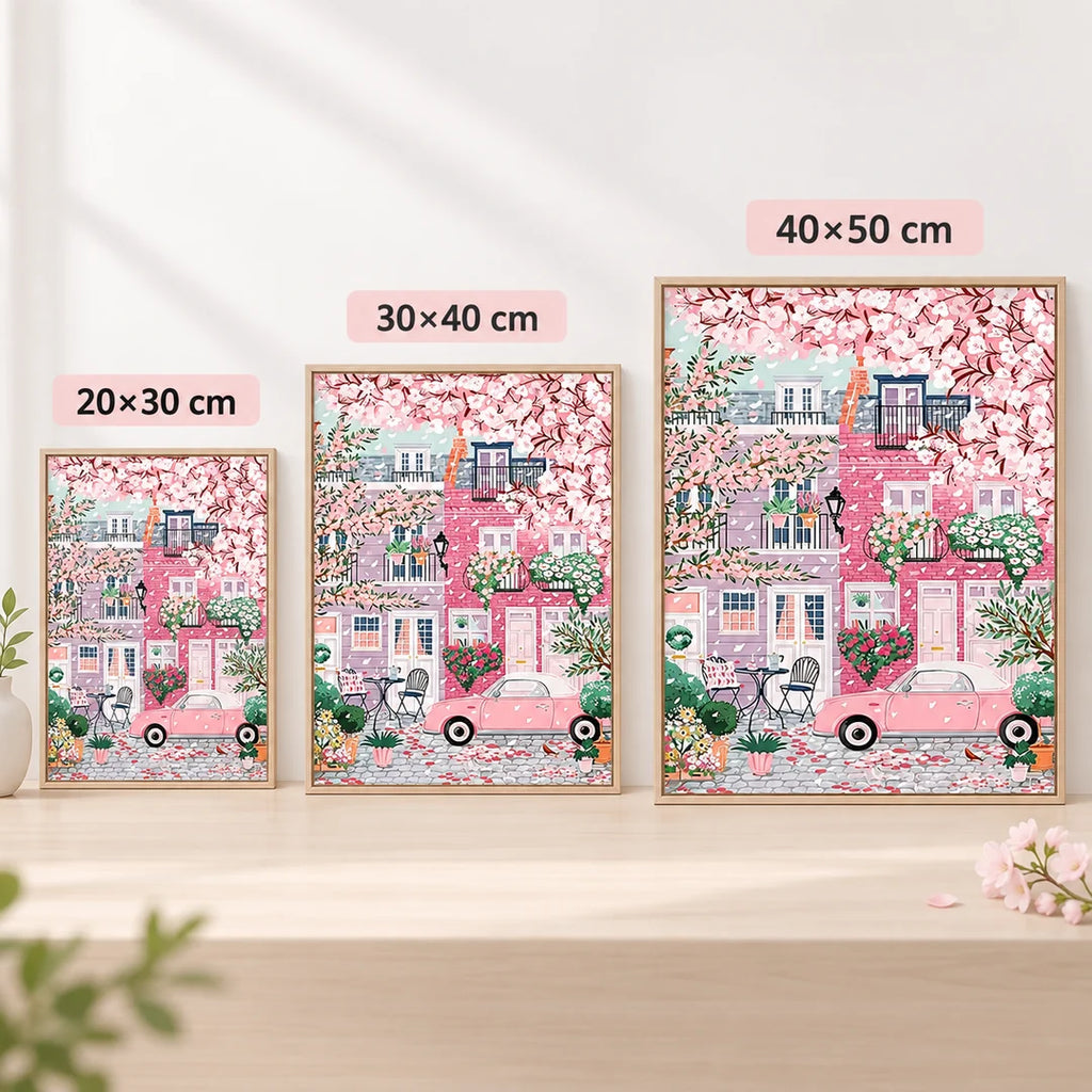 Cherry blossom street artwork size comparison from 20 by 30 to 40 by 50 cm