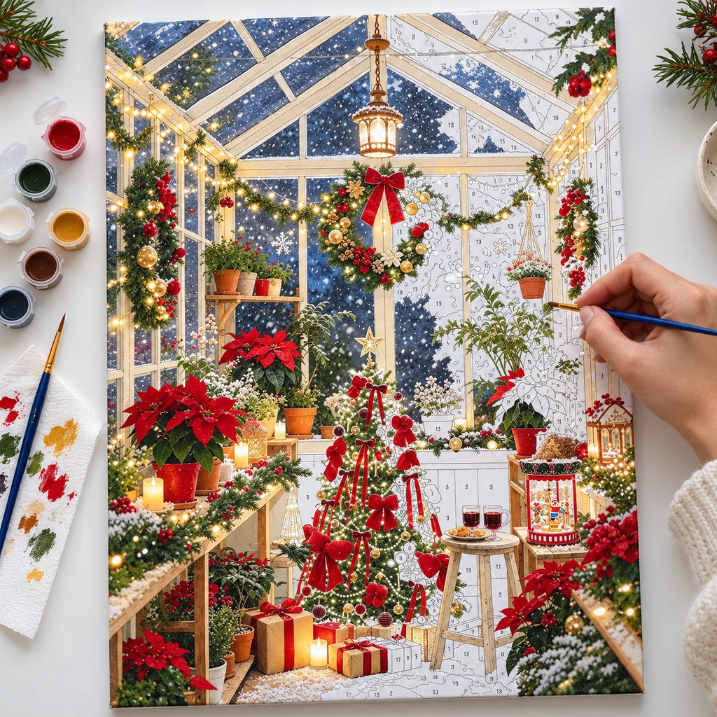 Complete Christmas Conservatory Poinsettia Snowy Night numbered canvas being painted with acrylic paints and brushes.