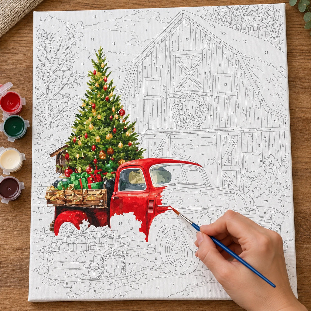 Complete Christmas Delivery Red Truck at the Barn numbered canvas being painted with acrylic paints and brushes