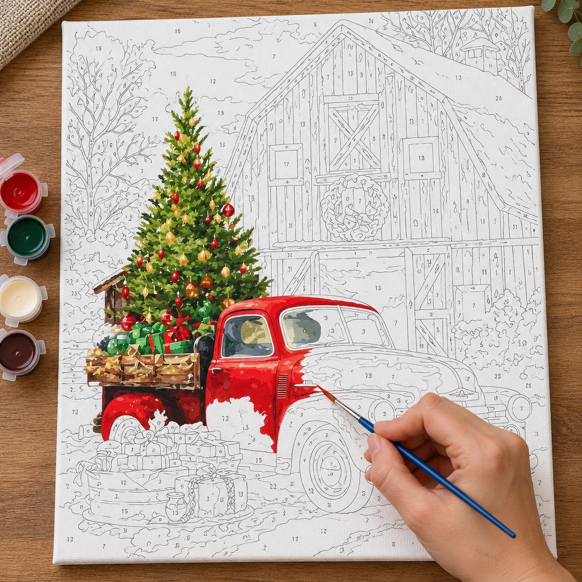 Complete Christmas Delivery Red Truck at the Barn numbered canvas being painted with acrylic paints and brushes