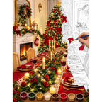 Complete Christmas Dining Table with Red Runner and Candlelight numbered canvas being painted with acrylic paints and brushes