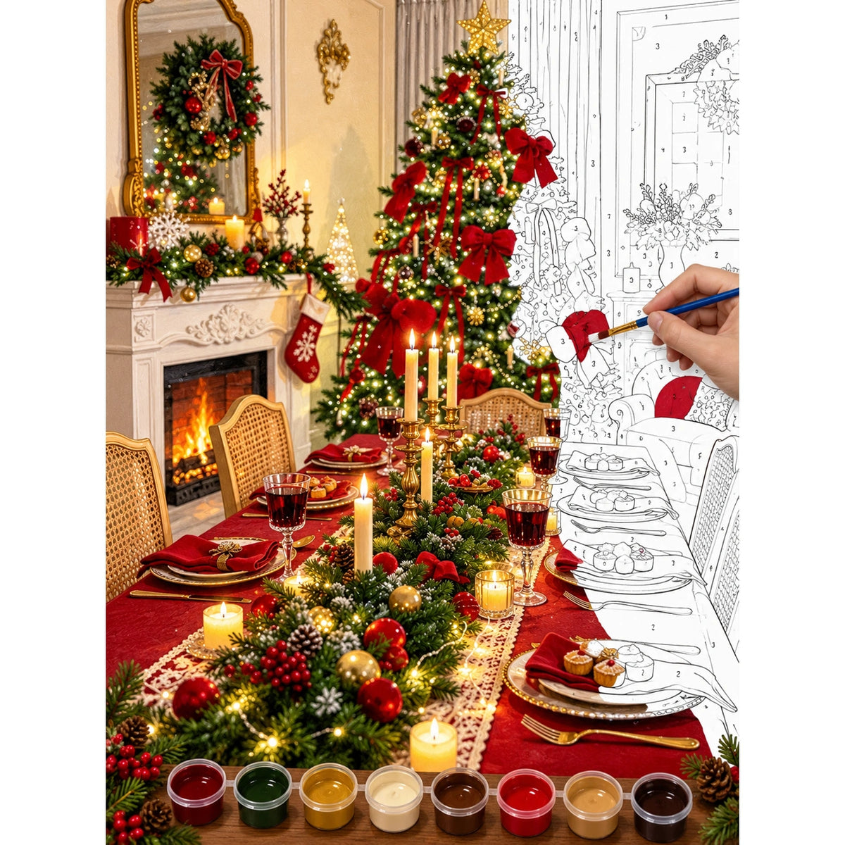 Complete Christmas Dining Table with Red Runner and Candlelight numbered canvas being painted with acrylic paints and brushes
