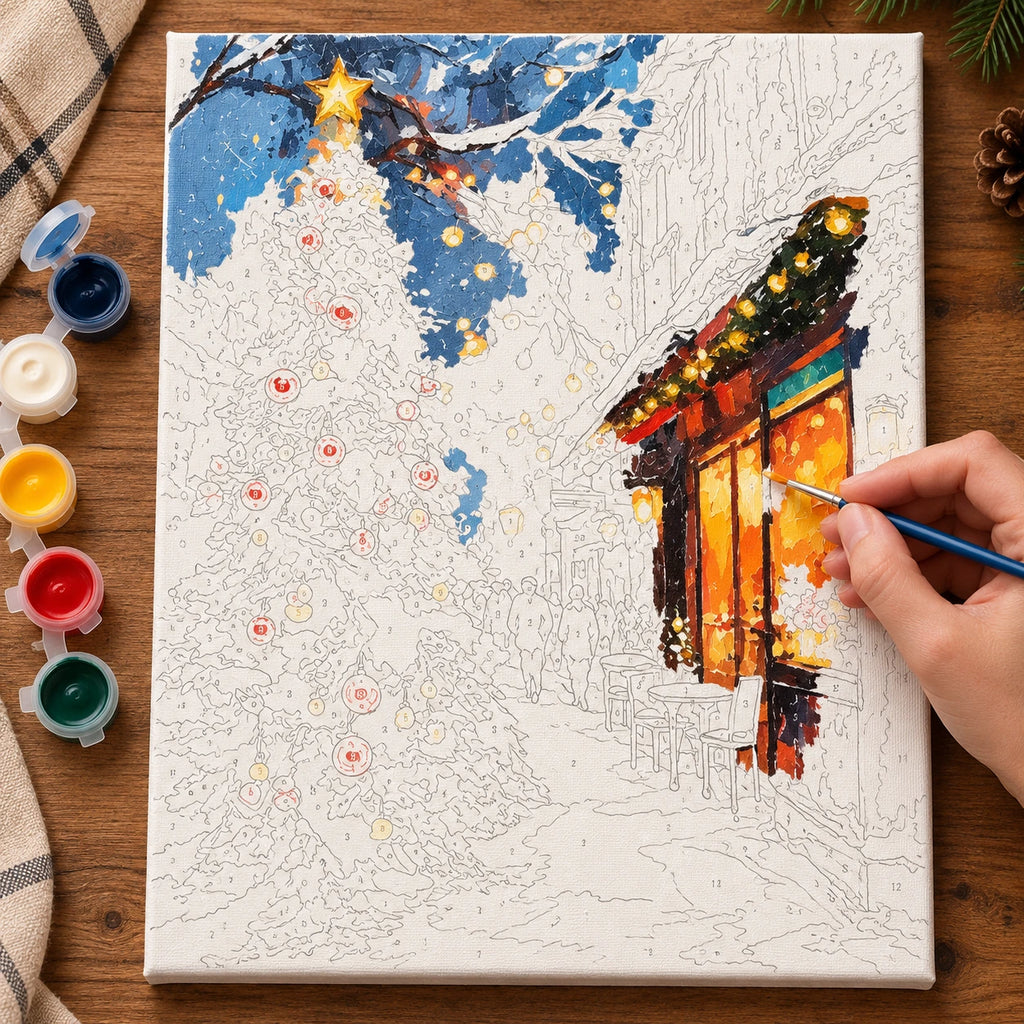 Complete Christmas Glow on a Snowy Street numbered canvas being painted with acrylic paints and brushes