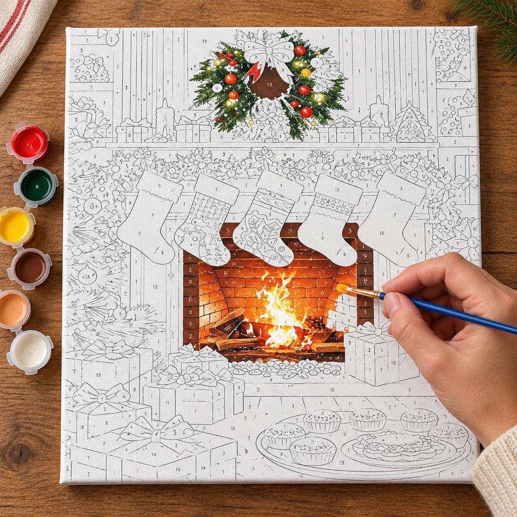 Complete Christmas Hearth Gathering numbered canvas being painted with acrylic paints and brushes