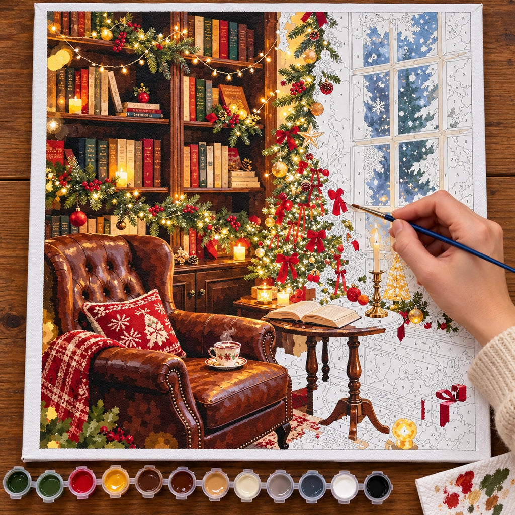 Complete Christmas Reading Nook with Leather Chair and Snowy Window numbered canvas being painted with acrylic paints and brushes