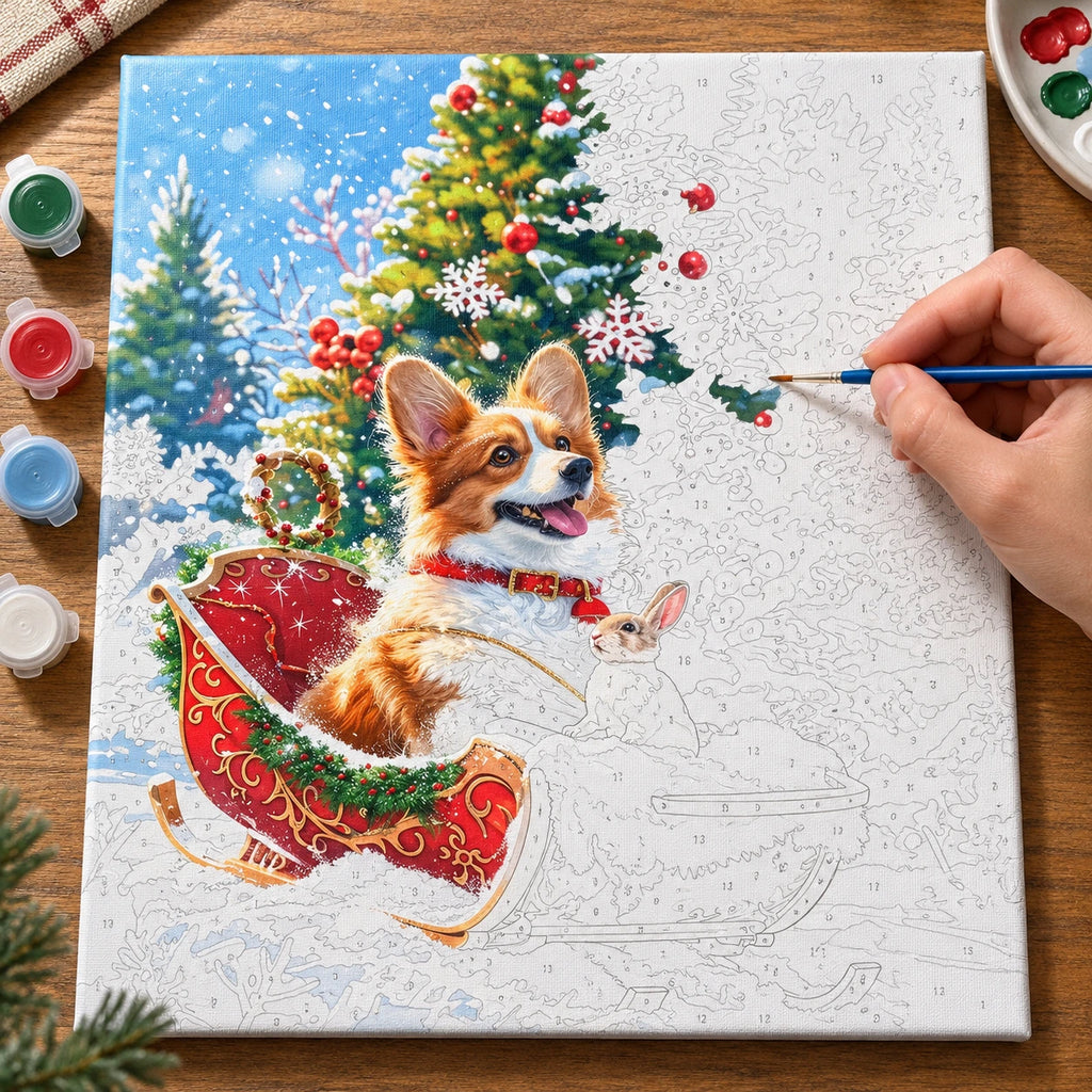 Complete Christmas Sleigh Ride Together Corgi numbered canvas being painted with acrylic paints and brushes