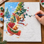Complete Christmas Sleigh Ride Together Corgi numbered canvas being painted with acrylic paints and brushes