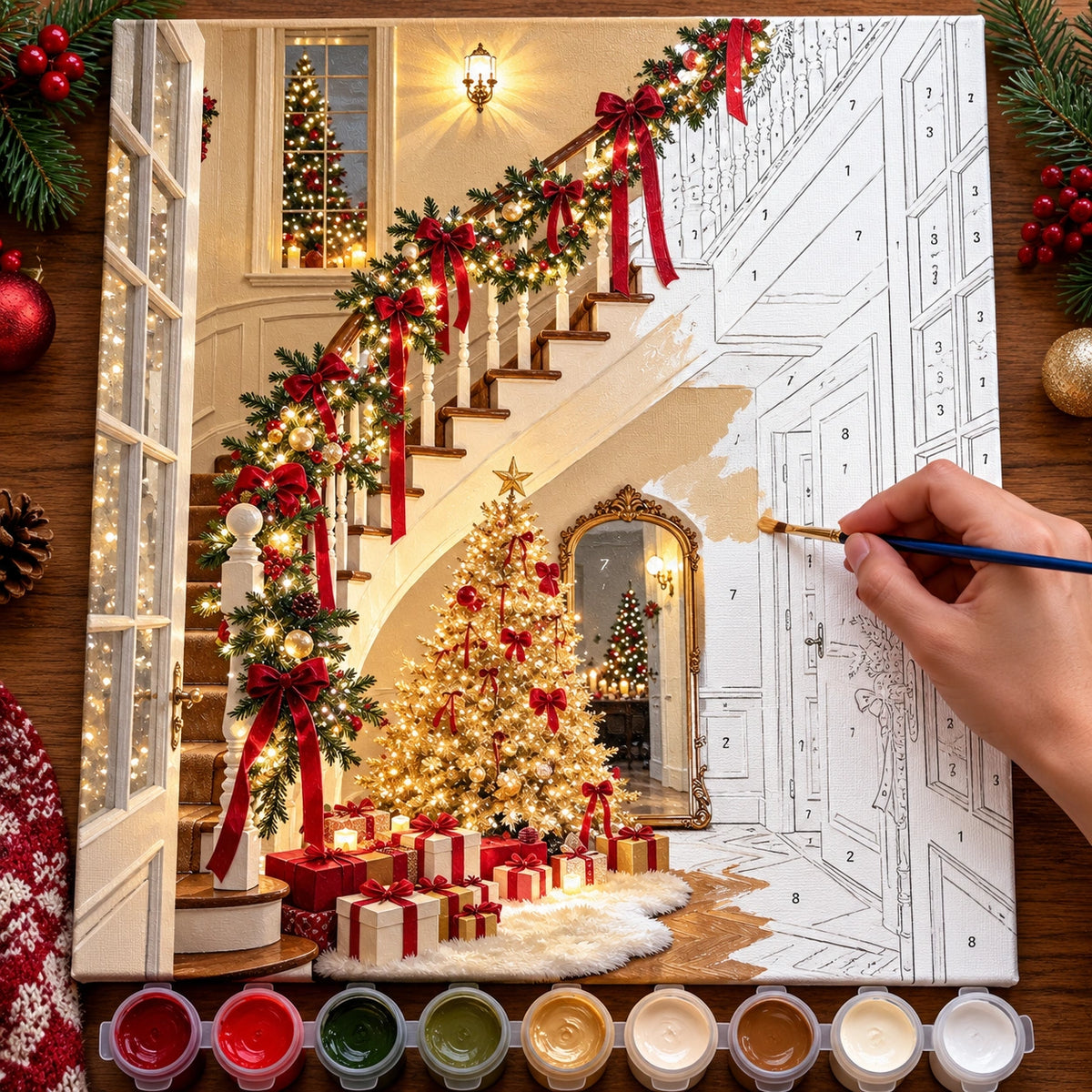 Complete Christmas Staircase Hall with Garland and Red Bows numbered canvas being painted with acrylic paints and brushes