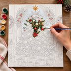 Complete Christmas Tree by the Arched Window numbered canvas being painted with acrylic paints and brushes