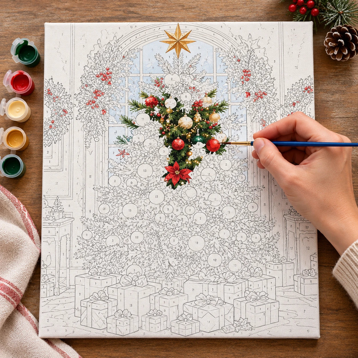 Complete Christmas Tree by the Arched Window numbered canvas being painted with acrylic paints and brushes