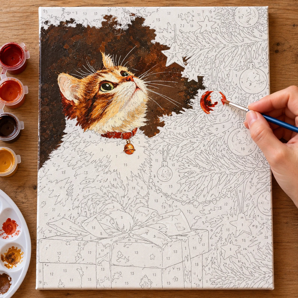 Complete Christmas Tree Cat with Gifts numbered canvas being painted with acrylic paints and brushes
