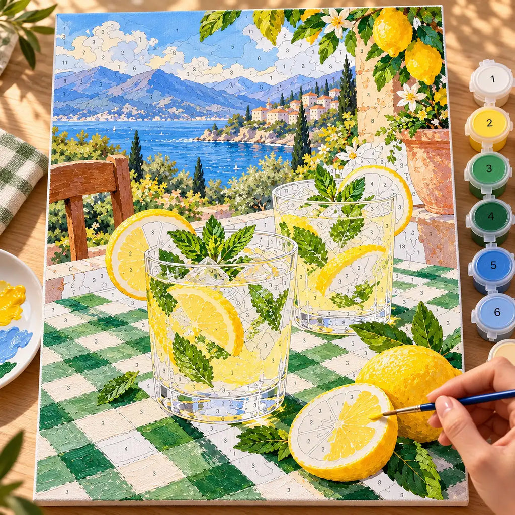 `04-citrus-soda-checkered-table-painting-process.webp` — Painting process scene for the Citrus Soda Checkered Table kit, with the complete numbered canvas and painting tools.