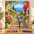 Painting process example for the coastal village flower stairway paint by numbers design.